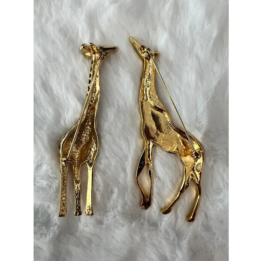 A Set of Two Estate Found Gold Tone Vintage Sparkly Rhinestone Giraffe Brooches